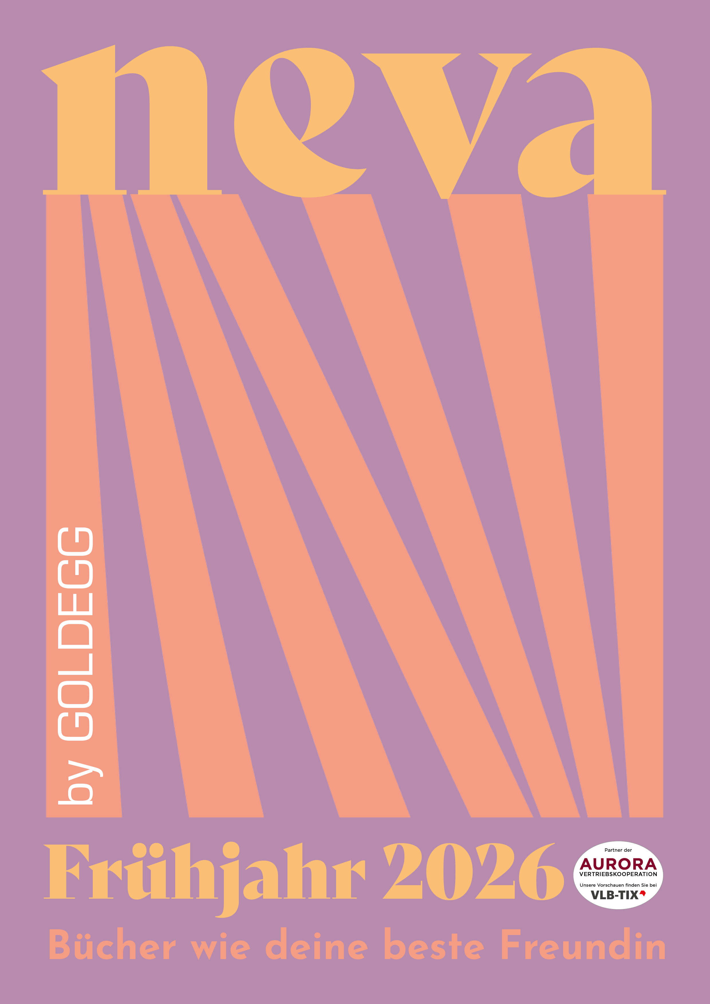 Zu sehen ist das Titelbild der neva Programmvorschau für das Frühjahr 2026. Der Hintergrund ist flieder, das Logo des Verlags groß über die ganze A4 Seite in peach und oben steht neva in sonnengelb.